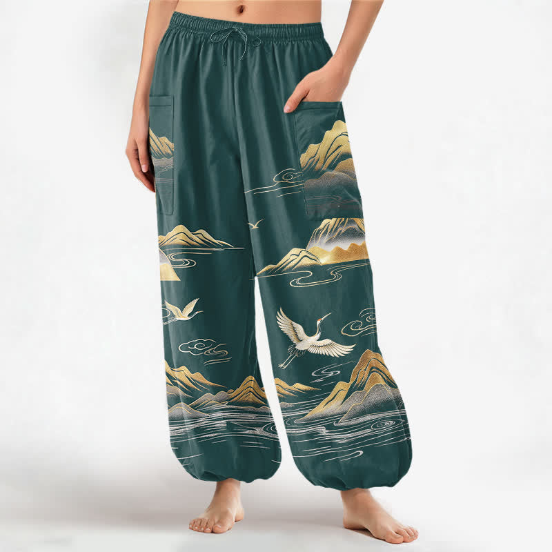 Buddha Stones Pantaloni harem da donna in cotone con elastico in vita e motivo a gru, con stampa paesaggistica serena, e tasche laterali. - Verde acqua - US16, UK/AU20, EU48 (3XL) - image 10