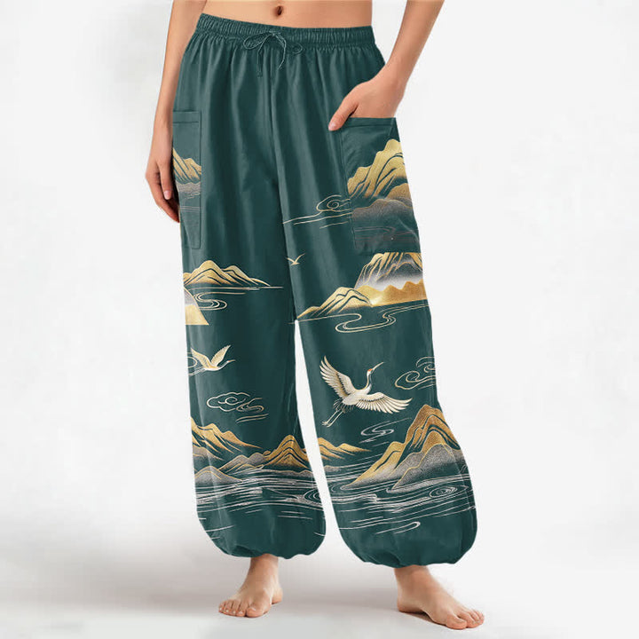 Buddha Stones Pantaloni harem da donna in cotone con elastico in vita e motivo a gru, con stampa paesaggistica serena, e tasche laterali. - Verde acqua - US16, UK/AU20, EU48 (3XL) - image 10