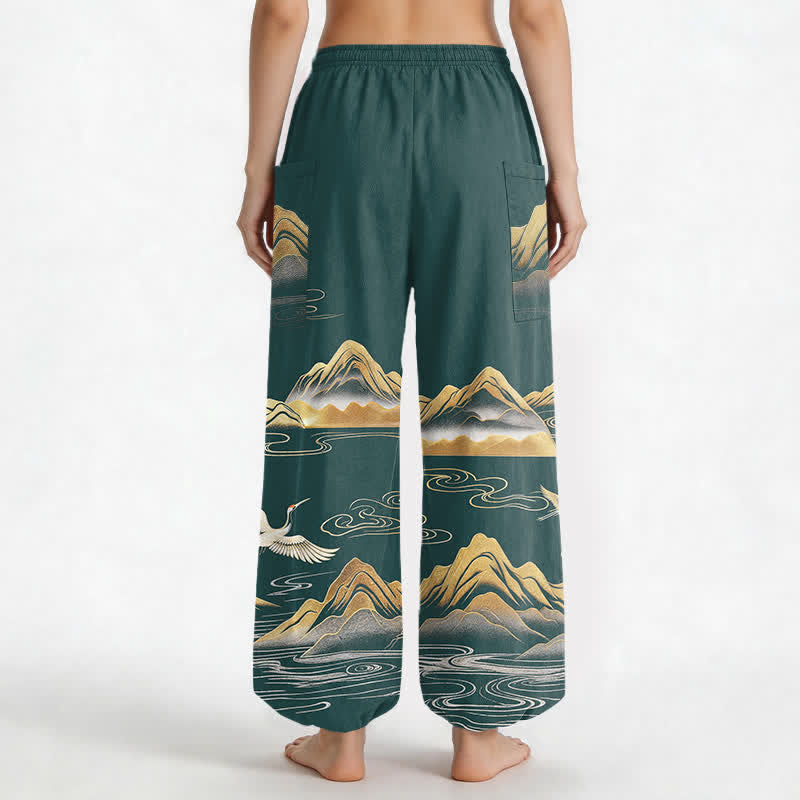 Buddha Stones Pantaloni harem da donna in cotone con elastico in vita e motivo a gru, con stampa paesaggistica serena, e tasche laterali. - image 12