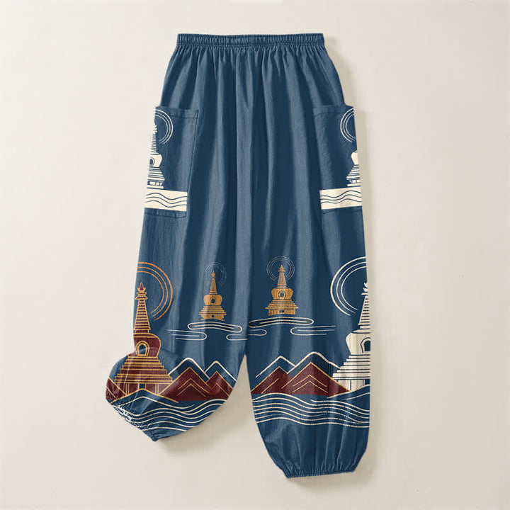Buddha Stones Pantaloni harem da donna in cotone con motivo paesaggistico a pagoda vintage, vita elasticizzata e tasche laterali. - image 4