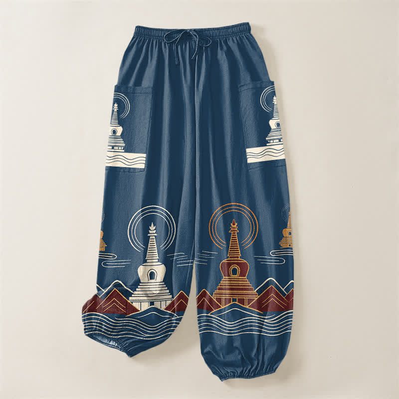 Buddha Stones Pantaloni harem da donna in cotone con motivo paesaggistico a pagoda vintage, vita elasticizzata e tasche laterali. - image 3