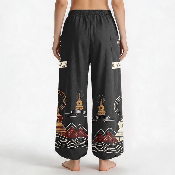Buddha Stones Pantaloni harem da donna in cotone con motivo paesaggistico a pagoda vintage, vita elasticizzata e tasche laterali. - image 9