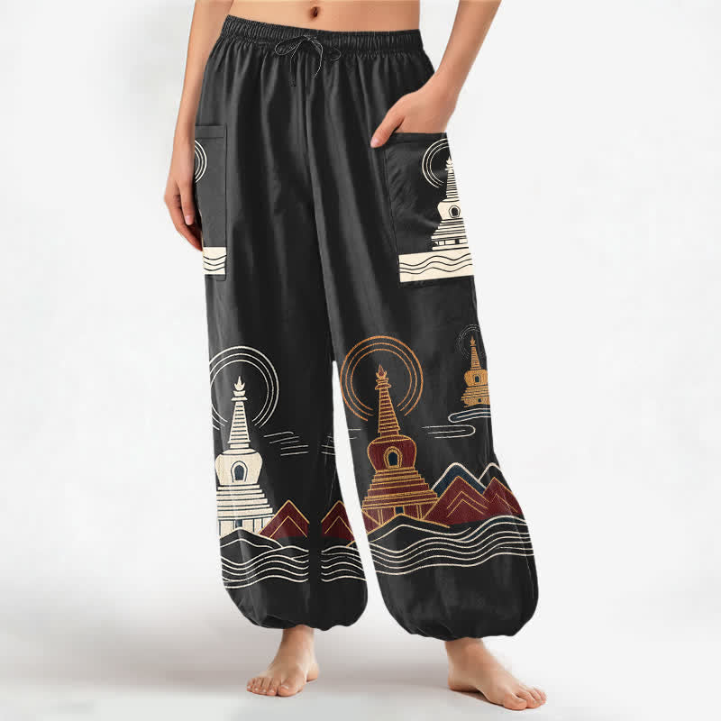 Buddha Stones Pantaloni harem da donna in cotone con motivo paesaggistico a pagoda vintage, vita elasticizzata e tasche laterali. - Nero - US16, UK/AU20, EU48 (3XL) - image 7