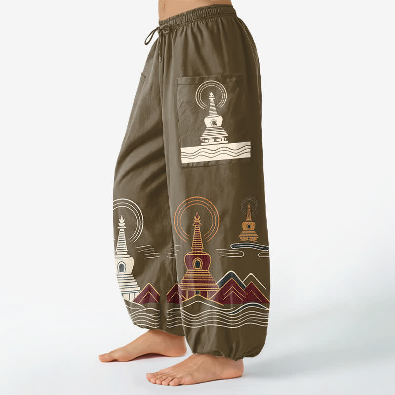 Buddha Stones Pantaloni harem da donna in cotone con motivo paesaggistico a pagoda vintage, vita elasticizzata e tasche laterali. - image 11