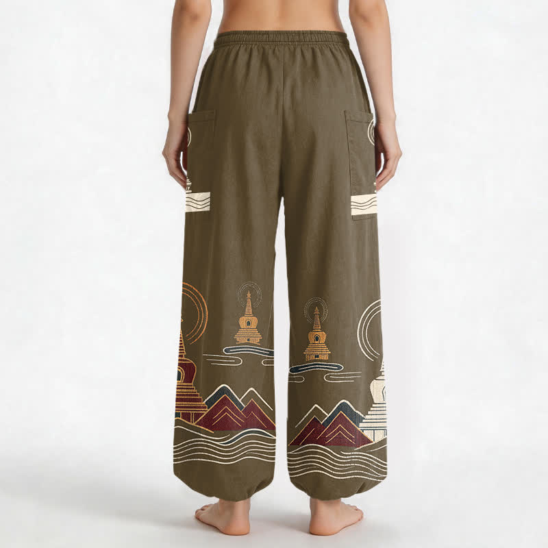 Buddha Stones Pantaloni harem da donna in cotone con motivo paesaggistico a pagoda vintage, vita elasticizzata e tasche laterali. - image 12