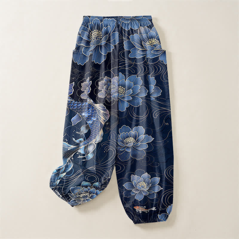 Buddha Stones Pantaloni harem da donna in cotone con elastico in vita e motivo artistico di carpe koi e peonie, con tasche laterali. - image 4