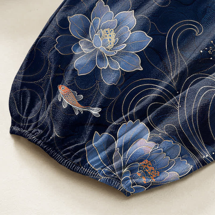 Buddha Stones Pantaloni harem da donna in cotone con elastico in vita e motivo artistico di carpe koi e peonie, con tasche laterali. - image 6