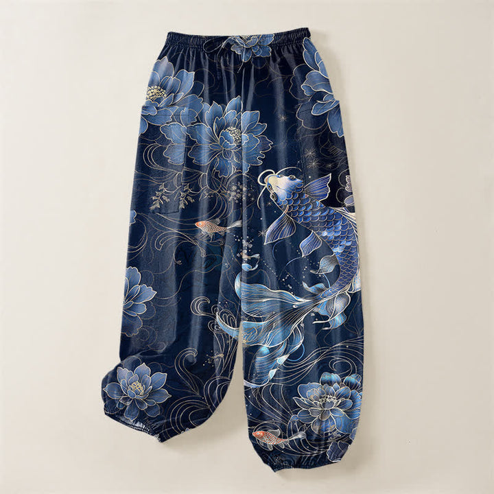 Buddha Stones Pantaloni harem da donna in cotone con elastico in vita e motivo artistico di carpe koi e peonie, con tasche laterali. - image 3
