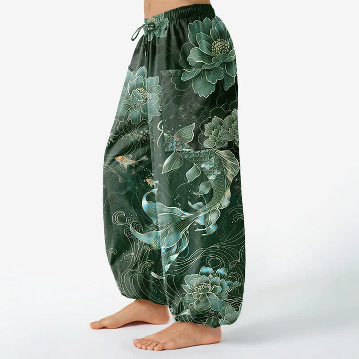Buddha Stones Pantaloni harem da donna in cotone con elastico in vita e motivo artistico di carpe koi e peonie, con tasche laterali. - image 8