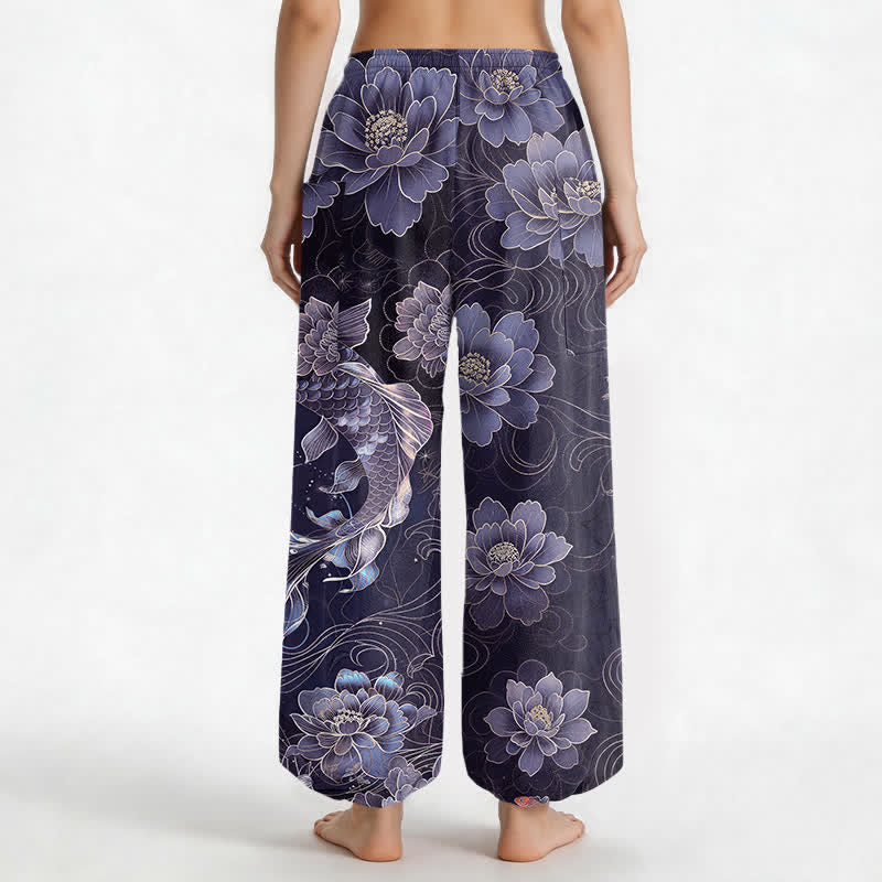 Buddha Stones Pantaloni harem da donna in cotone con elastico in vita e motivo artistico di carpe koi e peonie, con tasche laterali. - image 12