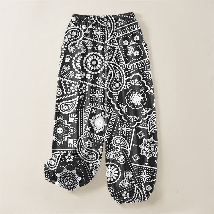 Buddha Stones Pantaloni harem da donna in cotone stile bohémien con fantasia paisley e bandana, vita elasticizzata e tasche laterali. - image 3