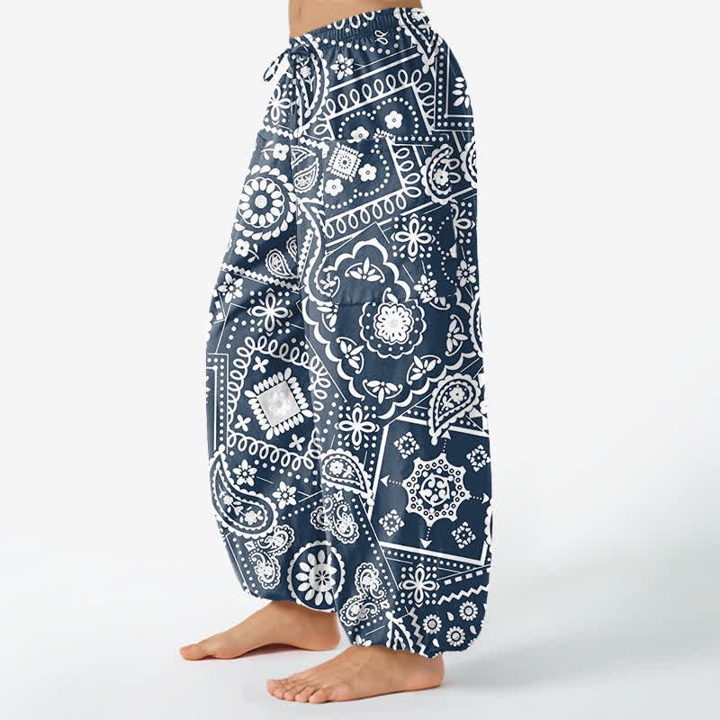 Buddha Stones Pantaloni harem da donna in cotone stile bohémien con fantasia paisley e bandana, vita elasticizzata e tasche laterali. - image 8
