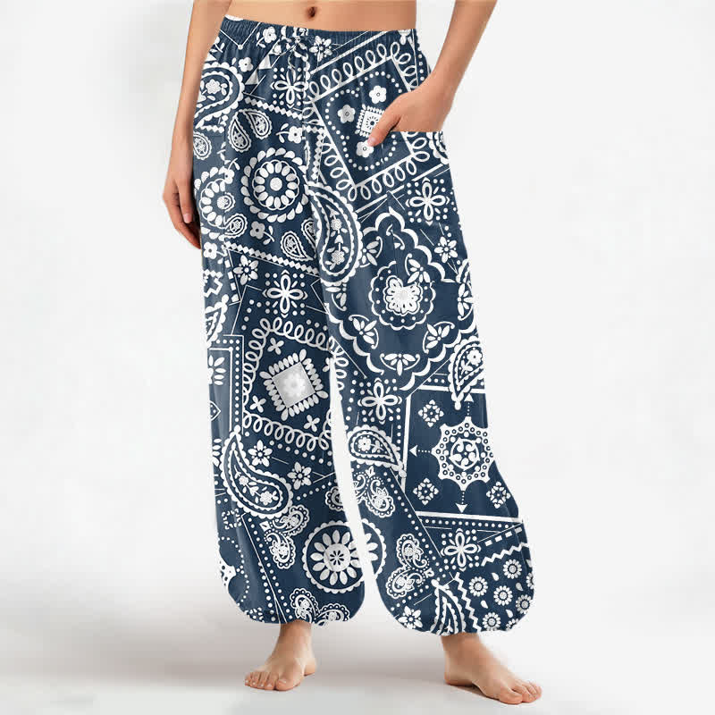Buddha Stones Pantaloni harem da donna in cotone stile bohémien con fantasia paisley e bandana, vita elasticizzata e tasche laterali. - Marina - US16, UK/AU20, EU48 (3XL) - image 7