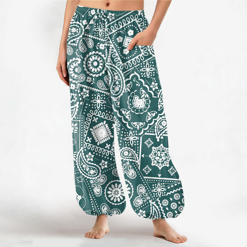 Buddha Stones Pantaloni harem da donna in cotone stile bohémien con fantasia paisley e bandana, vita elasticizzata e tasche laterali. - Verde acqua - US16, UK/AU20, EU48 (3XL) - image 10