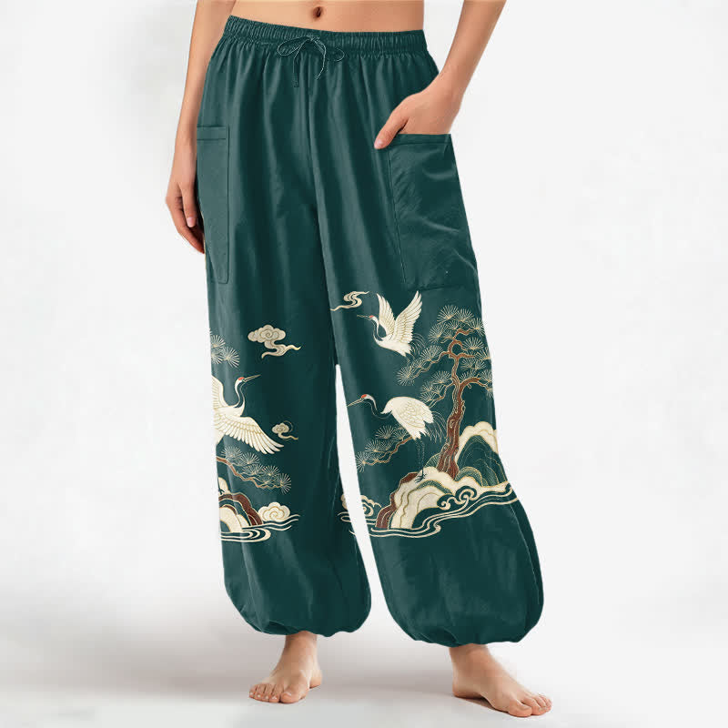 Buddha Stones Pantaloni harem da donna in cotone con motivo a gru e pino orientale, vita elasticizzata e tasche laterali. - Verde acqua - US16, UK/AU20, EU48 (3XL) - image 0