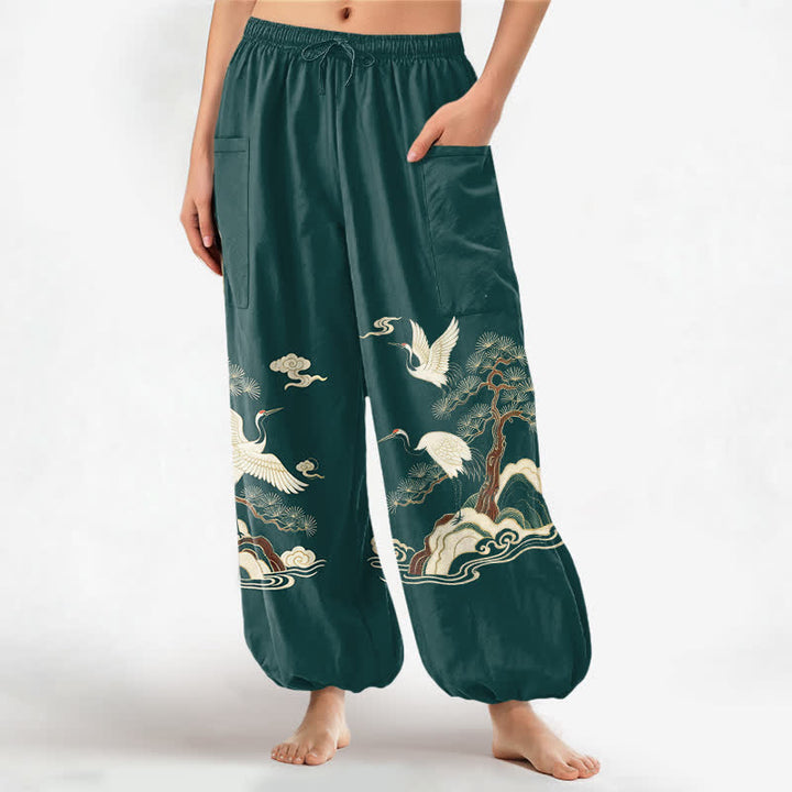 Buddha Stones Pantaloni harem da donna in cotone con motivo a gru e pino orientale, vita elasticizzata e tasche laterali. - Verde acqua - US16, UK/AU20, EU48 (3XL) - image 0