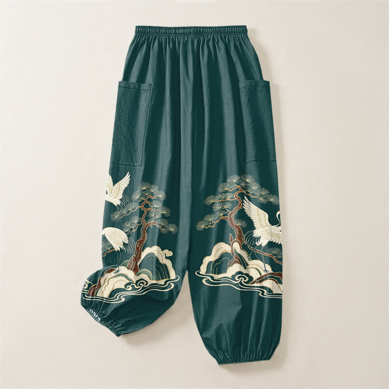 Buddha Stones Pantaloni harem da donna in cotone con motivo a gru e pino orientale, vita elasticizzata e tasche laterali. - image 4