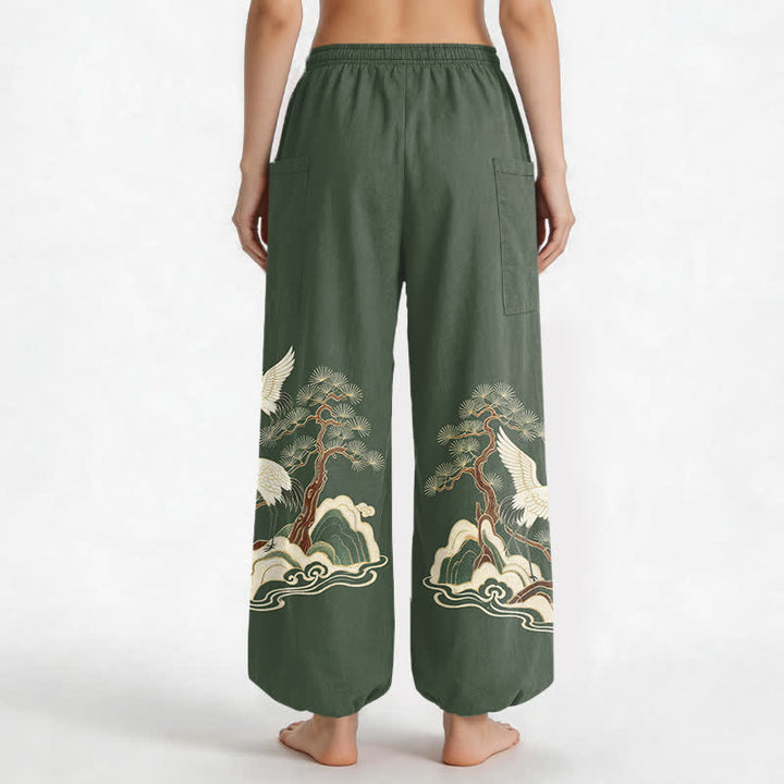 Buddha Stones Pantaloni harem da donna in cotone con motivo a gru e pino orientale, vita elasticizzata e tasche laterali. - image 9