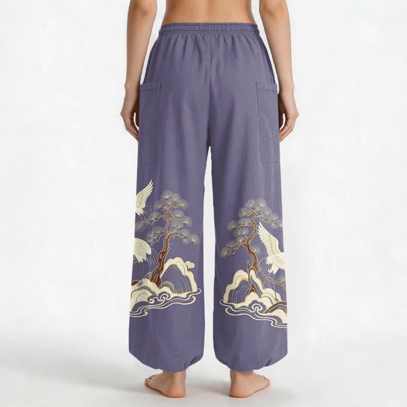 Buddha Stones Pantaloni harem da donna in cotone con motivo a gru e pino orientale, vita elasticizzata e tasche laterali. - image 12