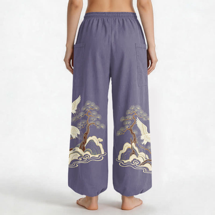 Buddha Stones Pantaloni harem da donna in cotone con motivo a gru e pino orientale, vita elasticizzata e tasche laterali. - image 12