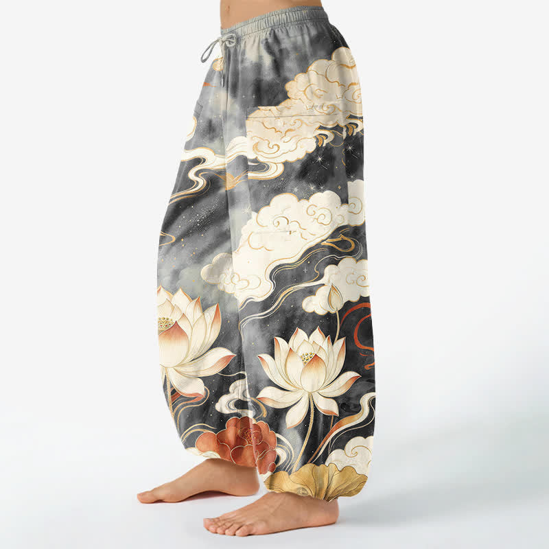 Buddha Stones Pantaloni harem da donna in cotone con motivo orientale di loto e nuvole, vita elasticizzata e tasche laterali. - image 8