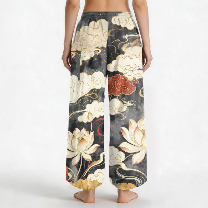 Buddha Stones Pantaloni harem da donna in cotone con motivo orientale di loto e nuvole, vita elasticizzata e tasche laterali. - image 9