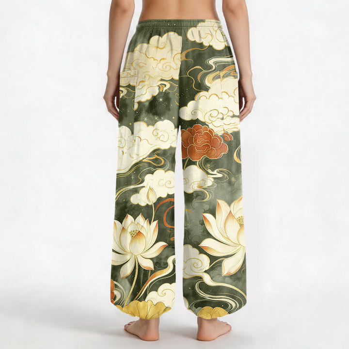 Buddha Stones Pantaloni harem da donna in cotone con motivo orientale di loto e nuvole, vita elasticizzata e tasche laterali. - image 12