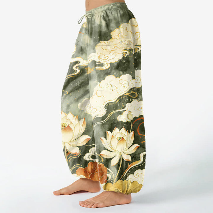 Buddha Stones Pantaloni harem da donna in cotone con motivo orientale di loto e nuvole, vita elasticizzata e tasche laterali. - image 11