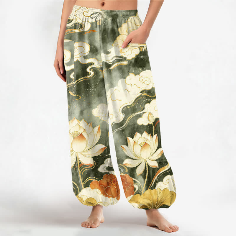 Buddha Stones Pantaloni harem da donna in cotone con motivo orientale di loto e nuvole, vita elasticizzata e tasche laterali. - Verde oliva scuro - US16, UK/AU20, EU48 (3XL) - image 10