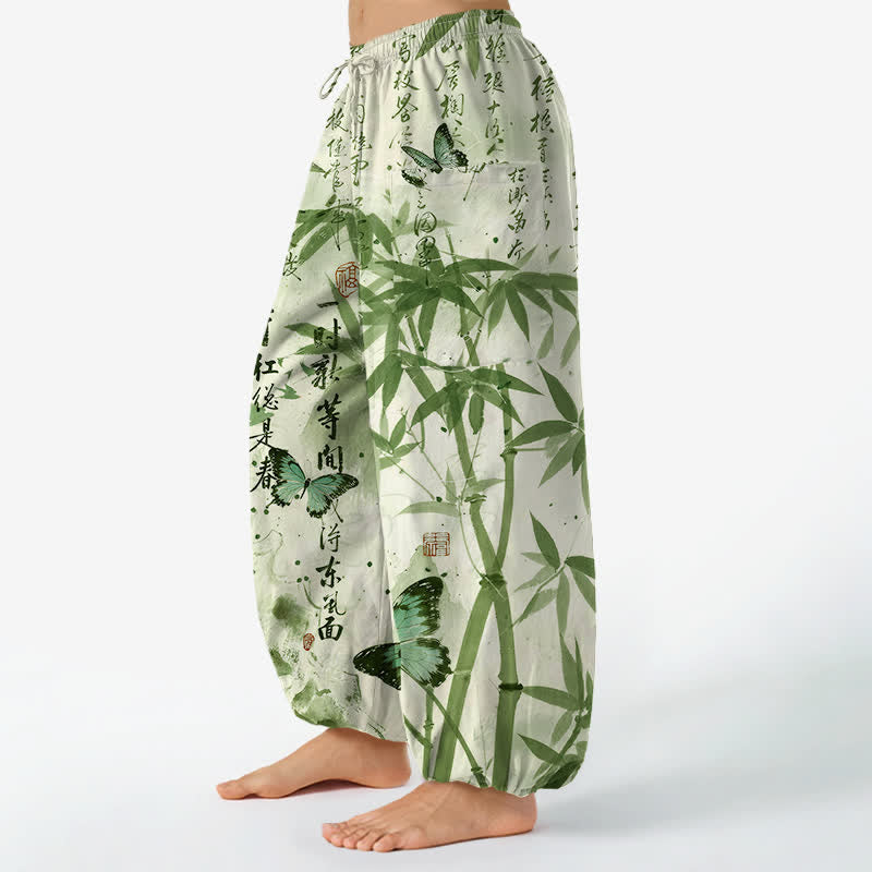 Buddha Stones Pantaloni harem da donna in cotone con stampa a farfalle di bambù e vita elasticizzata, con tasche laterali. - image 8