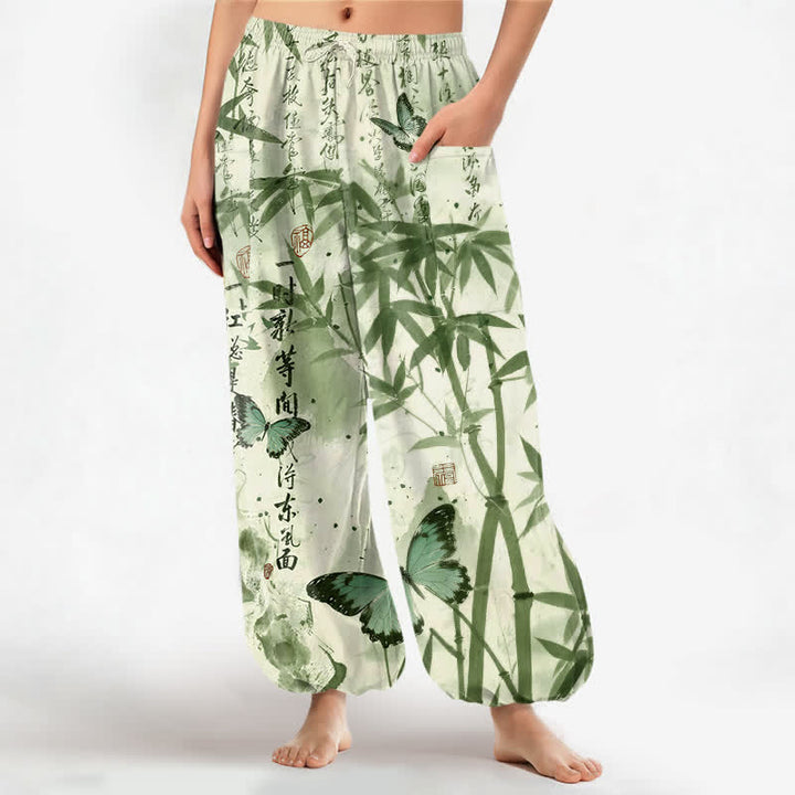 Buddha Stones Pantaloni harem da donna in cotone con stampa a farfalle di bambù e vita elasticizzata, con tasche laterali. - Melata - US16, UK/AU20, EU48 (3XL) - image 7