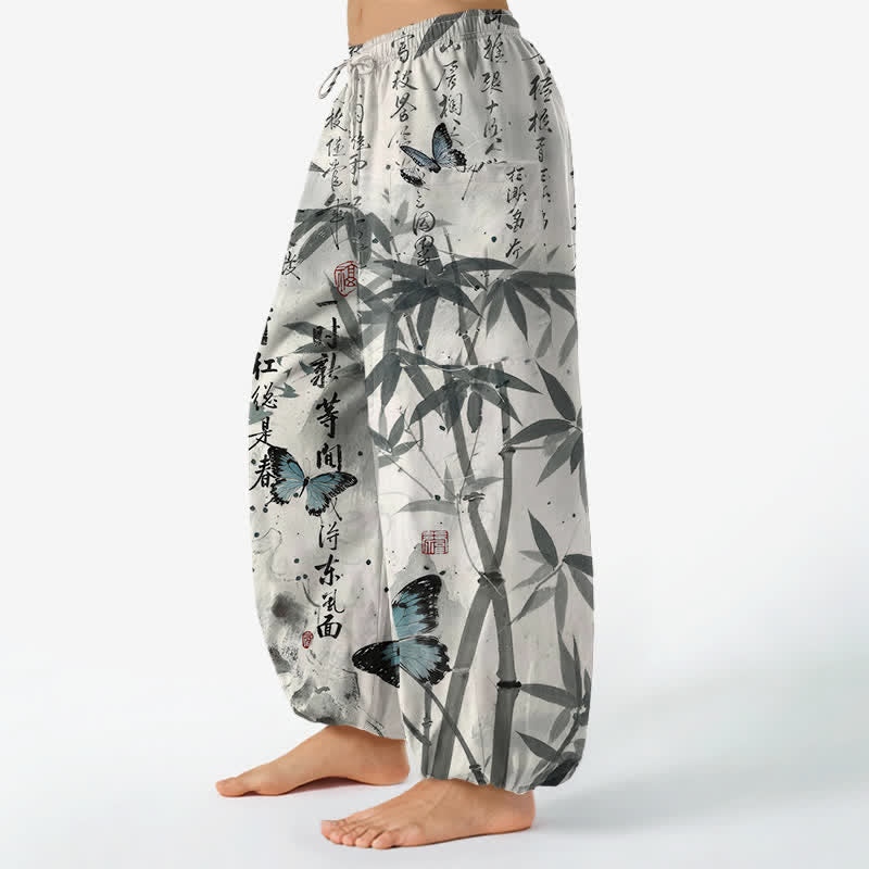 Buddha Stones Pantaloni harem da donna in cotone con stampa a farfalle di bambù e vita elasticizzata, con tasche laterali. - image 1