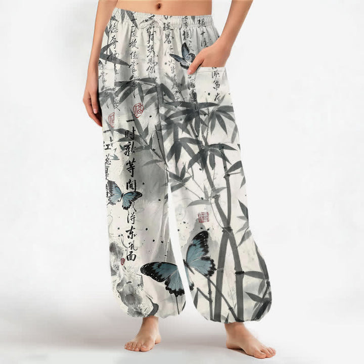 Buddha Stones Pantaloni harem da donna in cotone con stampa a farfalle di bambù e vita elasticizzata, con tasche laterali. - Grigio chiaro - US16, UK/AU20, EU48 (3XL) - image 0