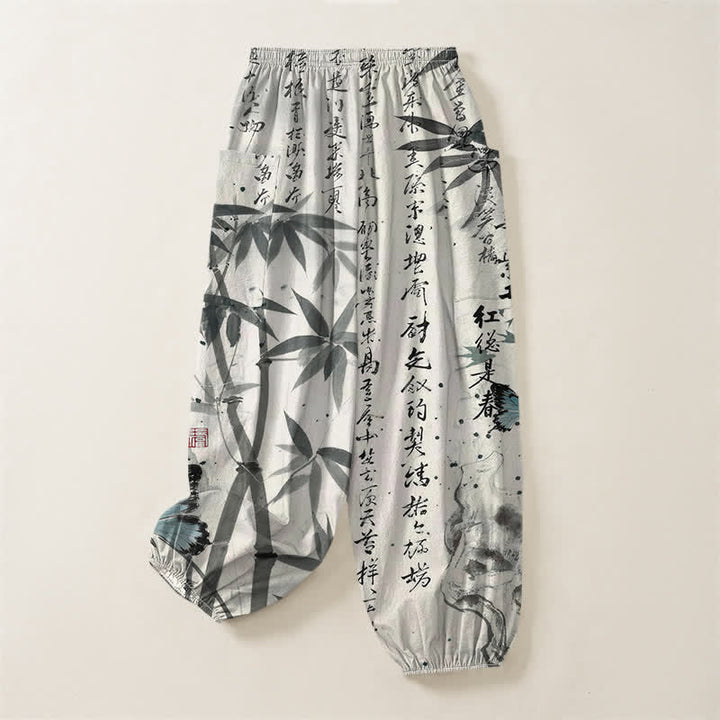 Buddha Stones Pantaloni harem da donna in cotone con stampa a farfalle di bambù e vita elasticizzata, con tasche laterali. - image 4