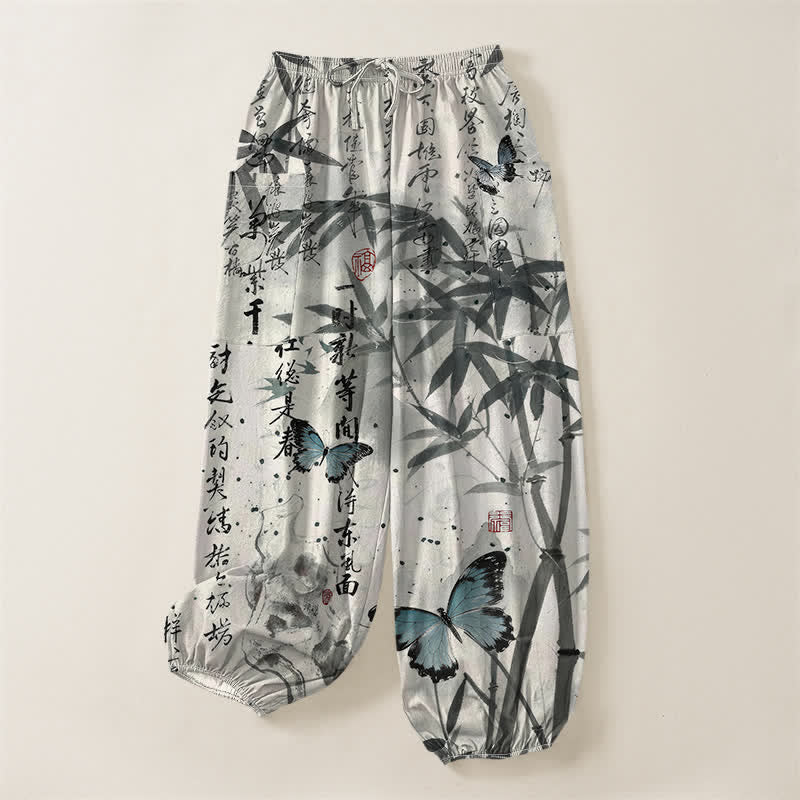 Buddha Stones Pantaloni harem da donna in cotone con stampa a farfalle di bambù e vita elasticizzata, con tasche laterali. - image 3