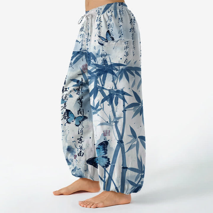 Buddha Stones Pantaloni harem da donna in cotone con stampa a farfalle di bambù e vita elasticizzata, con tasche laterali. - image 11
