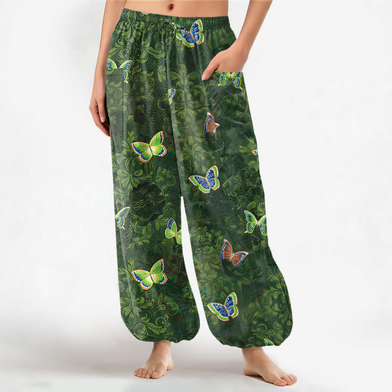 Buddha Stones Pantaloni harem da donna in cotone con elastico in vita e tasche laterali, ispirati alla natura, con motivo a farfalle e foglie. - Verde studentesco - US16, UK/AU20, EU48 (3XL) - image 0