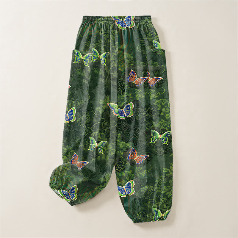 Buddha Stones Pantaloni harem da donna in cotone con elastico in vita e tasche laterali, ispirati alla natura, con motivo a farfalle e foglie. - image 4