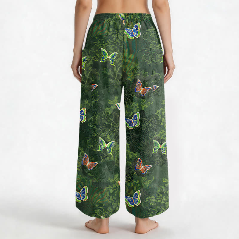 Buddha Stones Pantaloni harem da donna in cotone con elastico in vita e tasche laterali, ispirati alla natura, con motivo a farfalle e foglie. - image 2