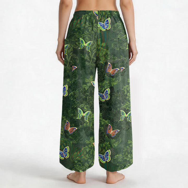 Buddha Stones Pantaloni harem da donna in cotone con elastico in vita e tasche laterali, ispirati alla natura, con motivo a farfalle e foglie. - image 2