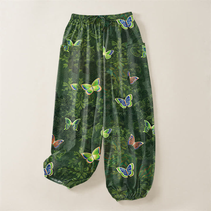 Buddha Stones Pantaloni harem da donna in cotone con elastico in vita e tasche laterali, ispirati alla natura, con motivo a farfalle e foglie. - image 3