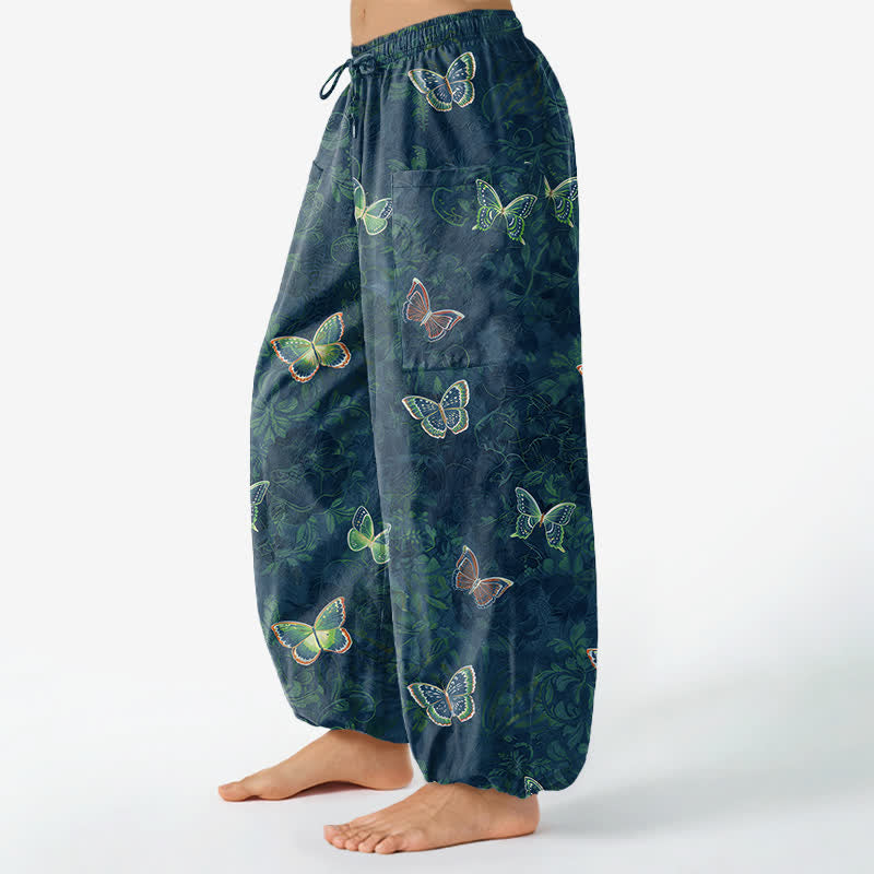 Buddha Stones Pantaloni harem da donna in cotone con elastico in vita e tasche laterali, ispirati alla natura, con motivo a farfalle e foglie. - image 8