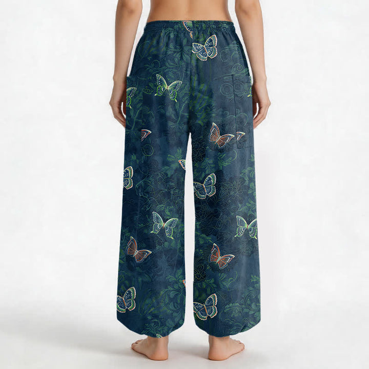 Buddha Stones Pantaloni harem da donna in cotone con elastico in vita e tasche laterali, ispirati alla natura, con motivo a farfalle e foglie. - image 9