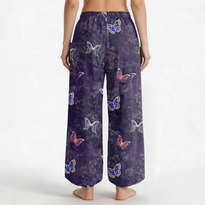Buddha Stones Pantaloni harem da donna in cotone con elastico in vita e tasche laterali, ispirati alla natura, con motivo a farfalle e foglie. - image 12