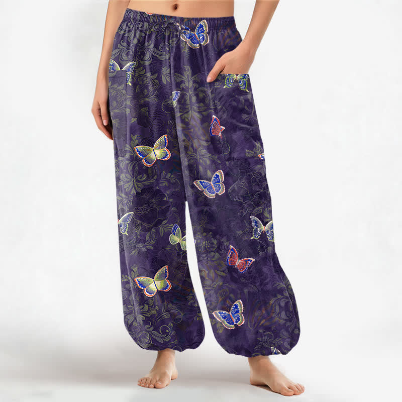 Buddha Stones Pantaloni harem da donna in cotone con elastico in vita e tasche laterali, ispirati alla natura, con motivo a farfalle e foglie. - Indaco - US16, UK/AU20, EU48 (3XL) - image 10