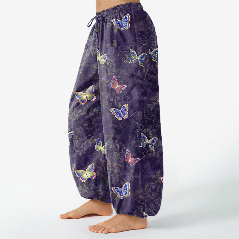 Buddha Stones Pantaloni harem da donna in cotone con elastico in vita e tasche laterali, ispirati alla natura, con motivo a farfalle e foglie. - image 11
