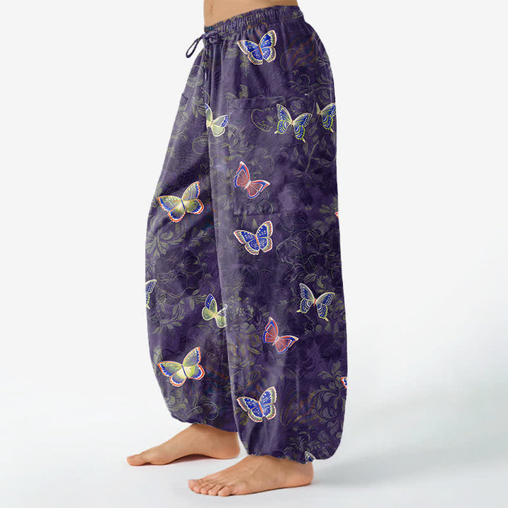 Buddha Stones Pantaloni harem da donna in cotone con elastico in vita e tasche laterali, ispirati alla natura, con motivo a farfalle e foglie. - image 11