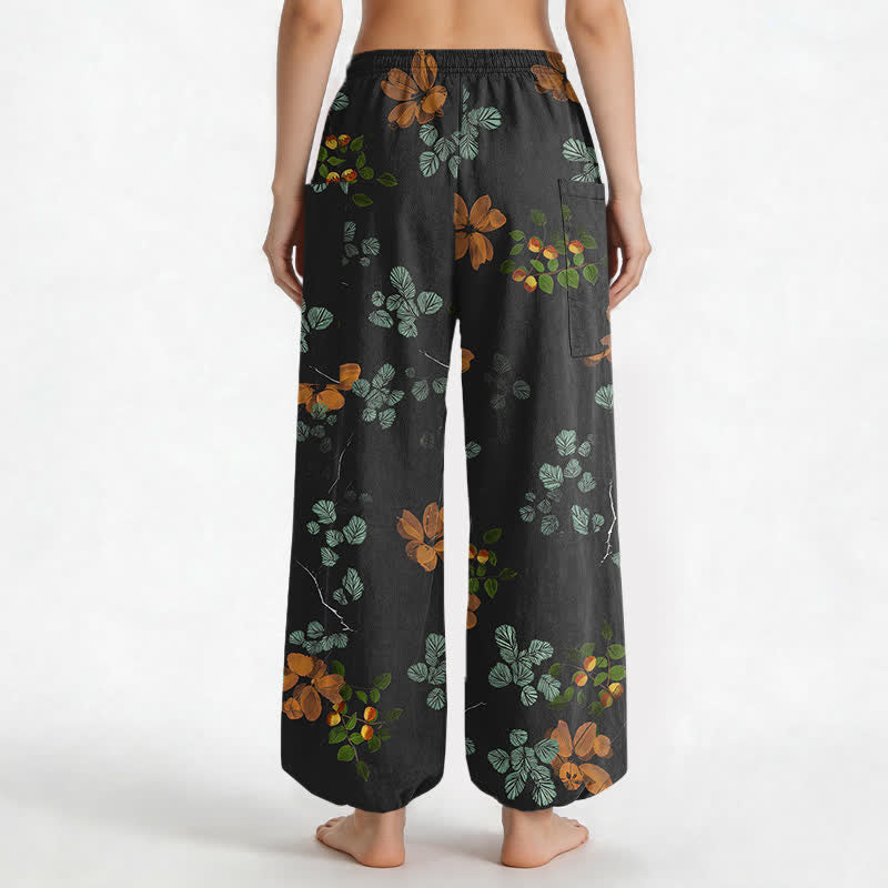 Buddha Stones Pantaloni harem da donna in cotone con elastico in vita e motivo floreale botanico in stile bohémien, con tasche laterali. - image 2