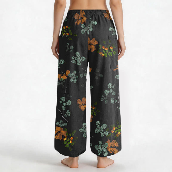 Buddha Stones Pantaloni harem da donna in cotone con elastico in vita e motivo floreale botanico in stile bohémien, con tasche laterali. - image 2