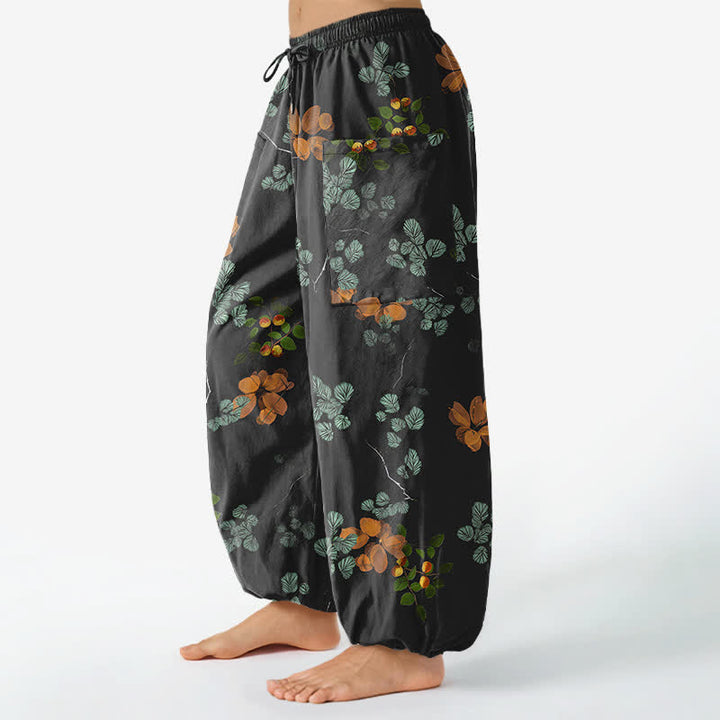 Buddha Stones Pantaloni harem da donna in cotone con elastico in vita e motivo floreale botanico in stile bohémien, con tasche laterali. - image 1